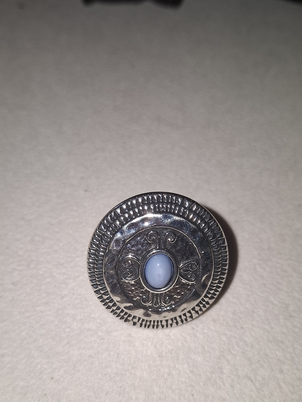Silver-Tone Round Statement Ring with Light Blue Cabochon - Stretchy Back